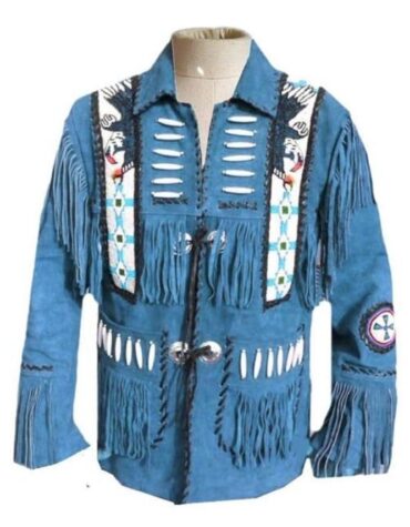Men's Western Suede Jacket, Blue Cowboy Fringe Suede Jacket