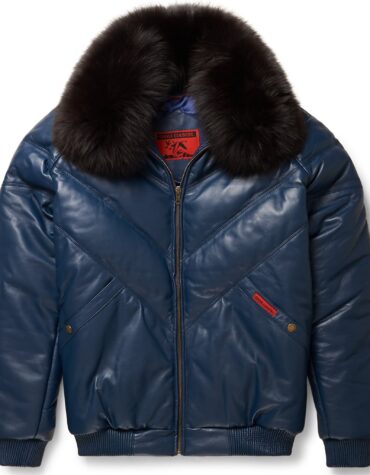 Navy Leather V-Bomber Jacket