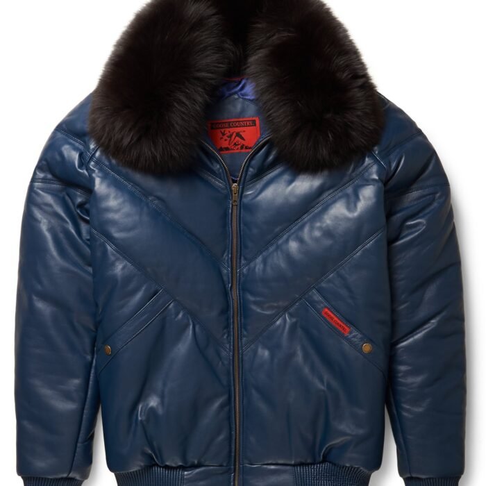 Navy Leather V-Bomber Jacket