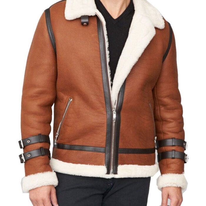 Brown and white shearling jacket mens for winters