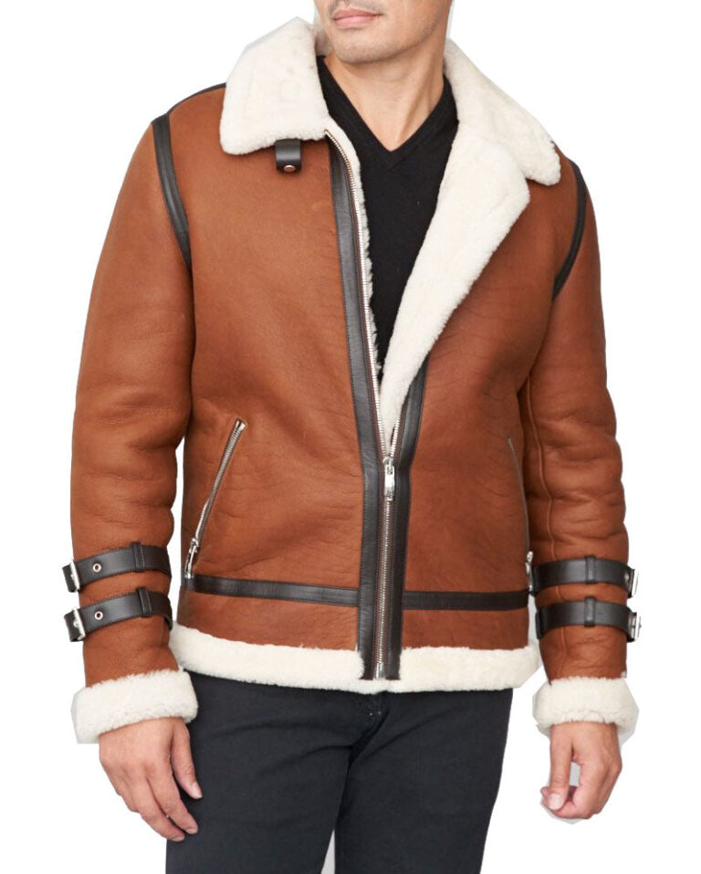 Brown and white shearling jacket mens for winters