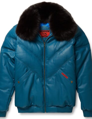 Teal Leather V-Bomber Jacket