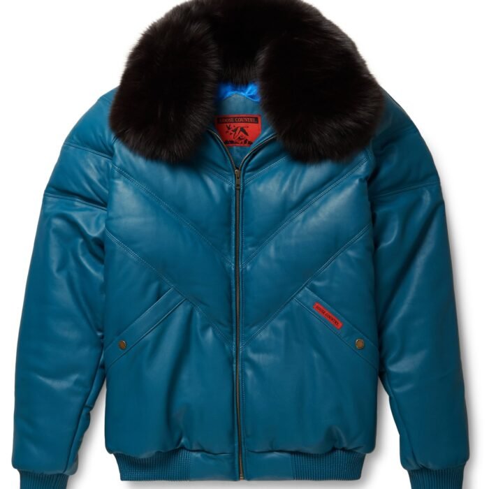 Teal Leather V-Bomber Jacket