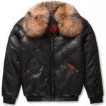 V-Bomber Jacket Black Leather Crystal Fox Fur - Luxurious Winter Elegance