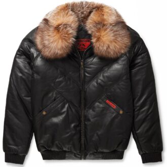 V-Bomber Jacket Black Leather w/ Crystal Fox Fur