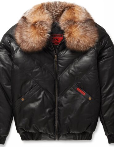 V-Bomber Jacket Black Leather w/ Crystal Fox Fur