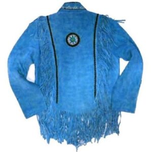 Western Suede Jacket, Men's Wear Fringes Beads Blue Color Jacket