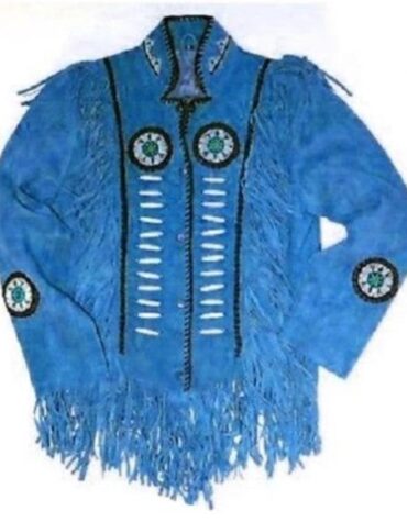 Western Suede Jacket, Men's Wear Fringes Beads Blue Color Jacket
