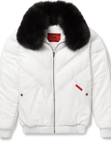 White Leather V-Bomber Jacket
