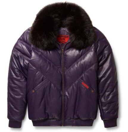Black Leather V-Bomber Jacket - Sleek and Modern Outerwear