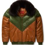 Brown & Green Leather V-Bomber Jacket - Earthy Elegance