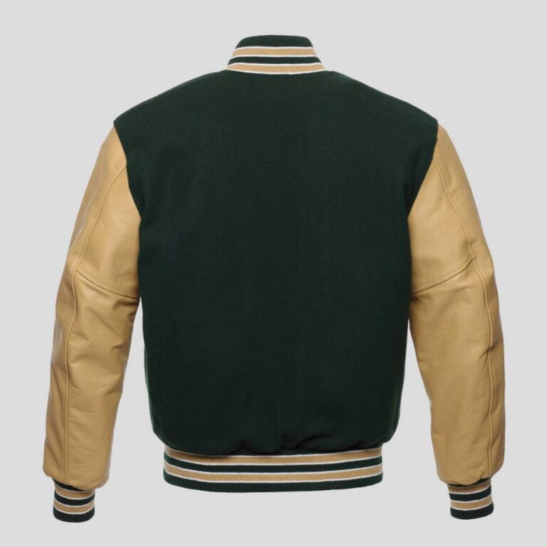 Forest Green Body and Cream Leather Sleeves Varsity College Jacket