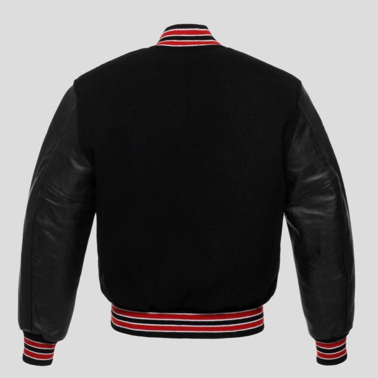 Black Body and Black Leather Sleeves Varsity College Jacket