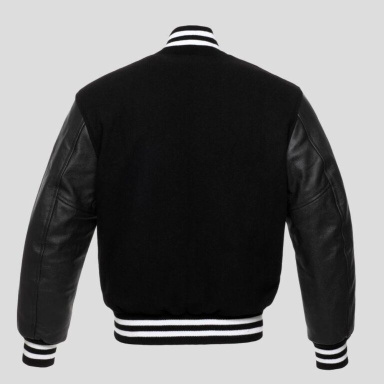 Black Body and Black Leather Sleeves Varsity College Jacket