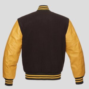 Brown Body and Gold Leather Sleeves Varsity College Jacket