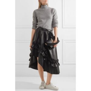 Asymmetric Ruffle-trimmed Real Black Leather Midi Skirt for Women
