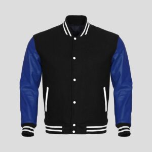 Black Body and Blue Leather Sleeves Varsity College Jacket