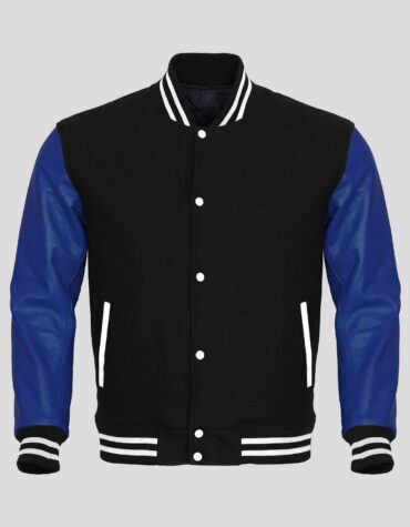 Black Body and Blue Leather Sleeves Varsity College Jacket