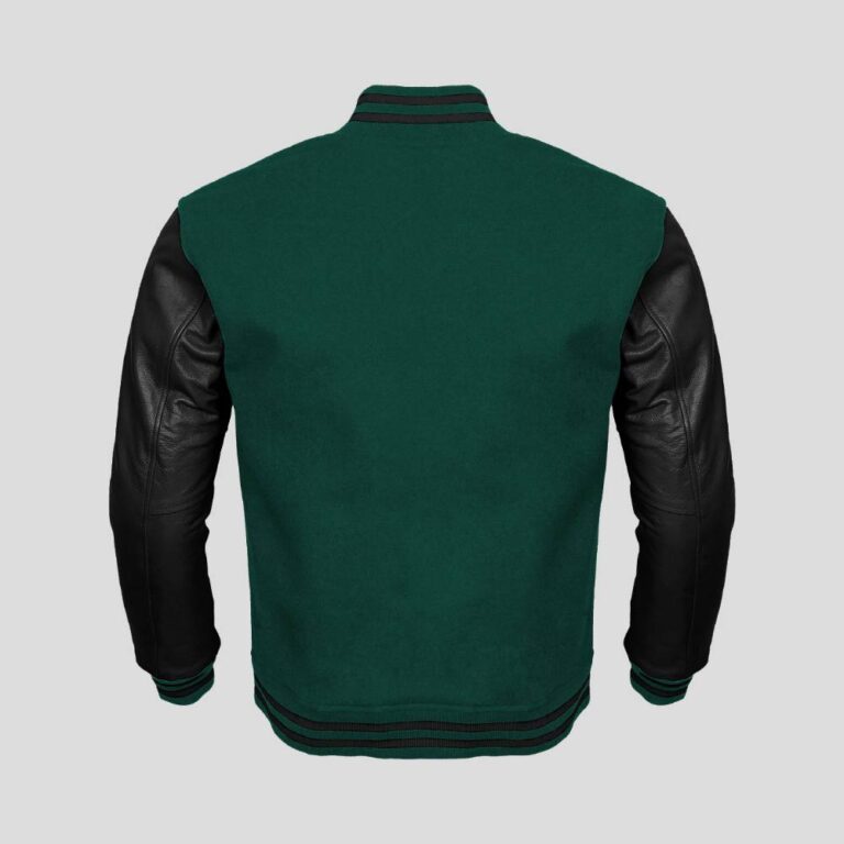 Green Body and Black Leather Sleeves Varsity College Jacket