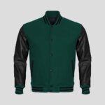 Green Body and Black Leather Sleeves Varsity College Jacket - Stylish Men's Outerwear