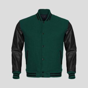 Green Body and Black Leather Sleeves Varsity College Jacket