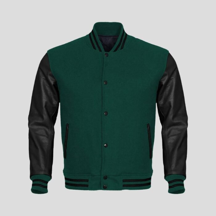 Green Body and Black Leather Sleeves Varsity College Jacket