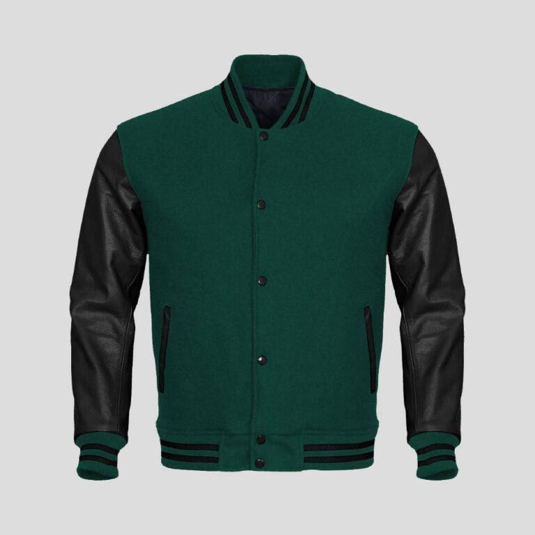 Green Body and Black Leather Sleeves Varsity College Jacket