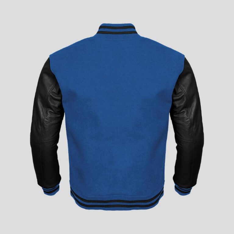 Blue Body and Black Leather Sleeves Varsity College Jacket