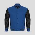 Blue Body and Black Leather Sleeves Varsity College Jacket - Timeless Collegiate Elegance