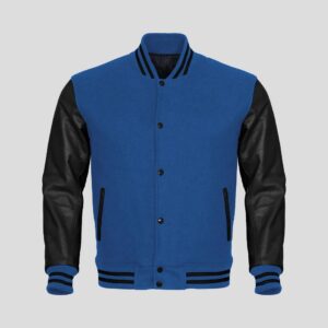 Blue Body and Black Leather Sleeves Varsity College Jacket