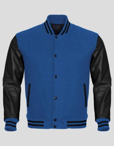 Blue Body and Black Leather Sleeves Varsity College Jacket