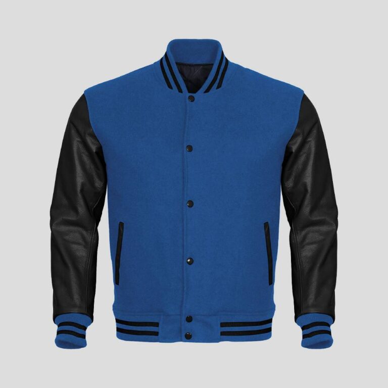 Blue Body and Black Leather Sleeves Varsity College Jacket