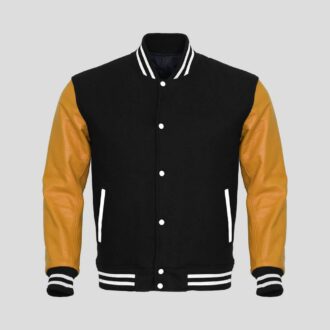 Black Body and Gold Leather Sleeves Varsity College Jacket