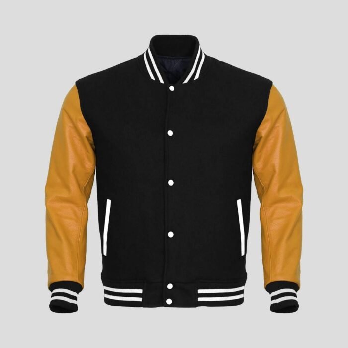 Black Body and Gold Leather Sleeves Varsity College Jacket