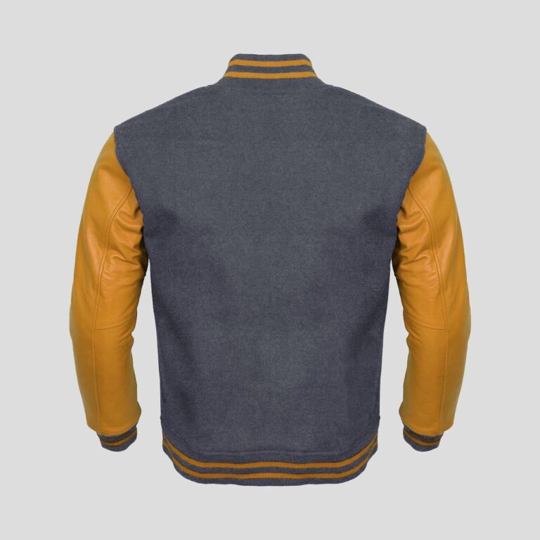 Gray Body and Gold Leather Sleeves Varsity College Jacket