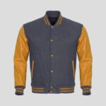 Gray Body and Gold Leather Sleeves Varsity College Jacket - Luxurious Men's Outerwear