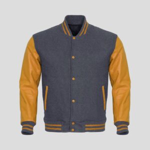 Gray Body and Gold Leather Sleeves Varsity College Jacket