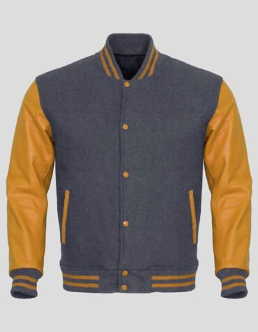 Gray Body and Gold Leather Sleeves Varsity College Jacket