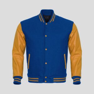 Blue Body and Gold Leather Sleeves Varsity College Jacket