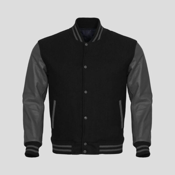 Black Body and Gray Leather Sleeves Varsity College Jacket