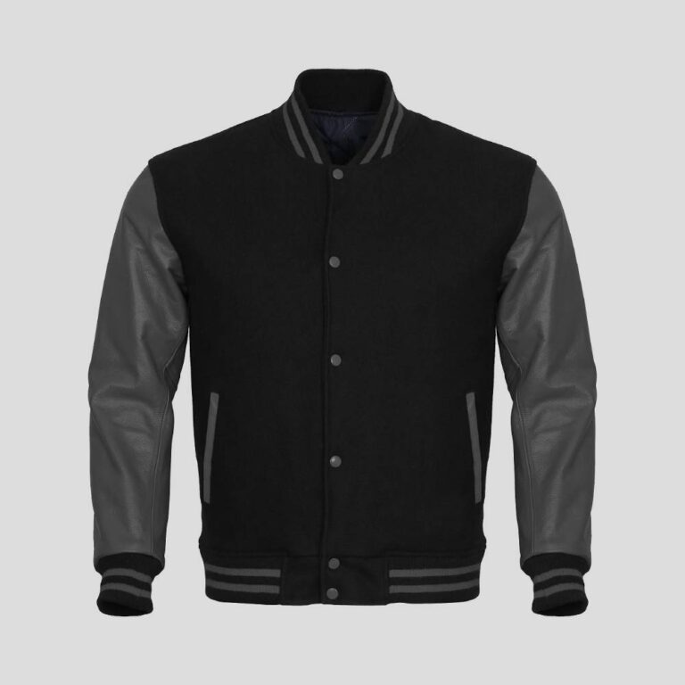 Black Body and Gray Leather Sleeves Varsity College Jacket