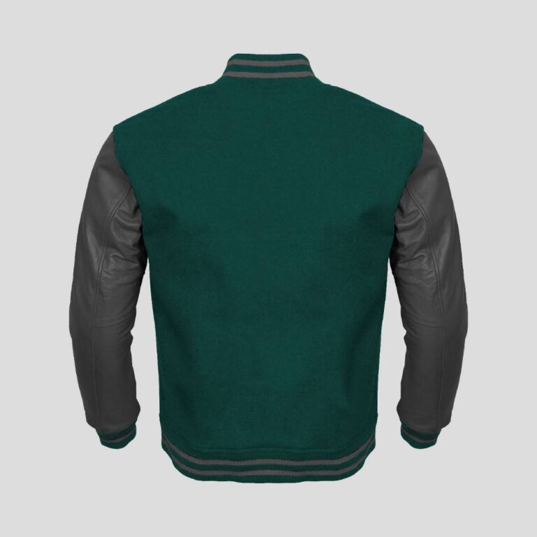 Forest Green Body and Gray Leather Sleeves Varsity College Jacket