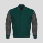 Forest Green Body and Gray Leather Sleeves Varsity College Jacket - Classic Men's Outerwear