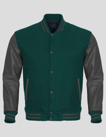 Forest Green Body and Gray Leather Sleeves Varsity College Jacket