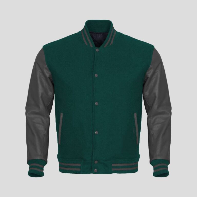 Forest Green Body and Gray Leather Sleeves Varsity College Jacket