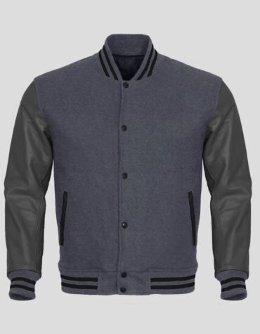 Gray Body and Gray Leather Sleeves Varsity College Jacket