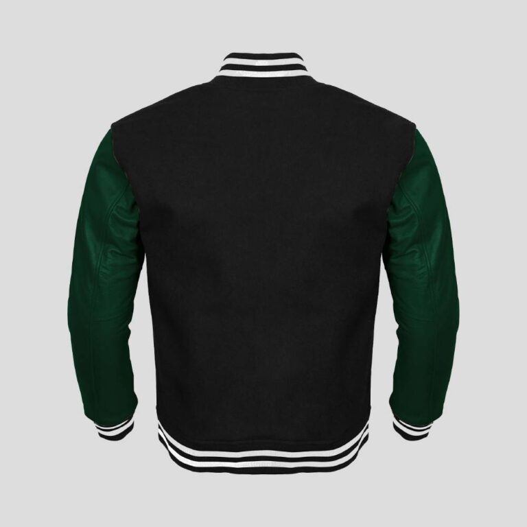 Black Body and Green Leather Sleeves Varsity College Jacket