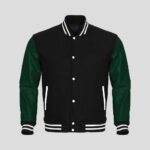 Black Body and Green Leather Sleeves Varsity College Jacket - Urban Elegance