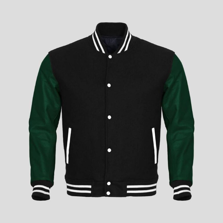 Black Body and Green Leather Sleeves Varsity College Jacket