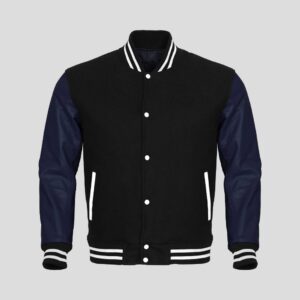Black Body and Navy Blue Leather Sleeves Varsity College Jacket